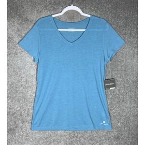 Eddie Bauer Top Womens Sz XL Blue Short Sleeve V-Neck Free Dry Free Shade UPF 40